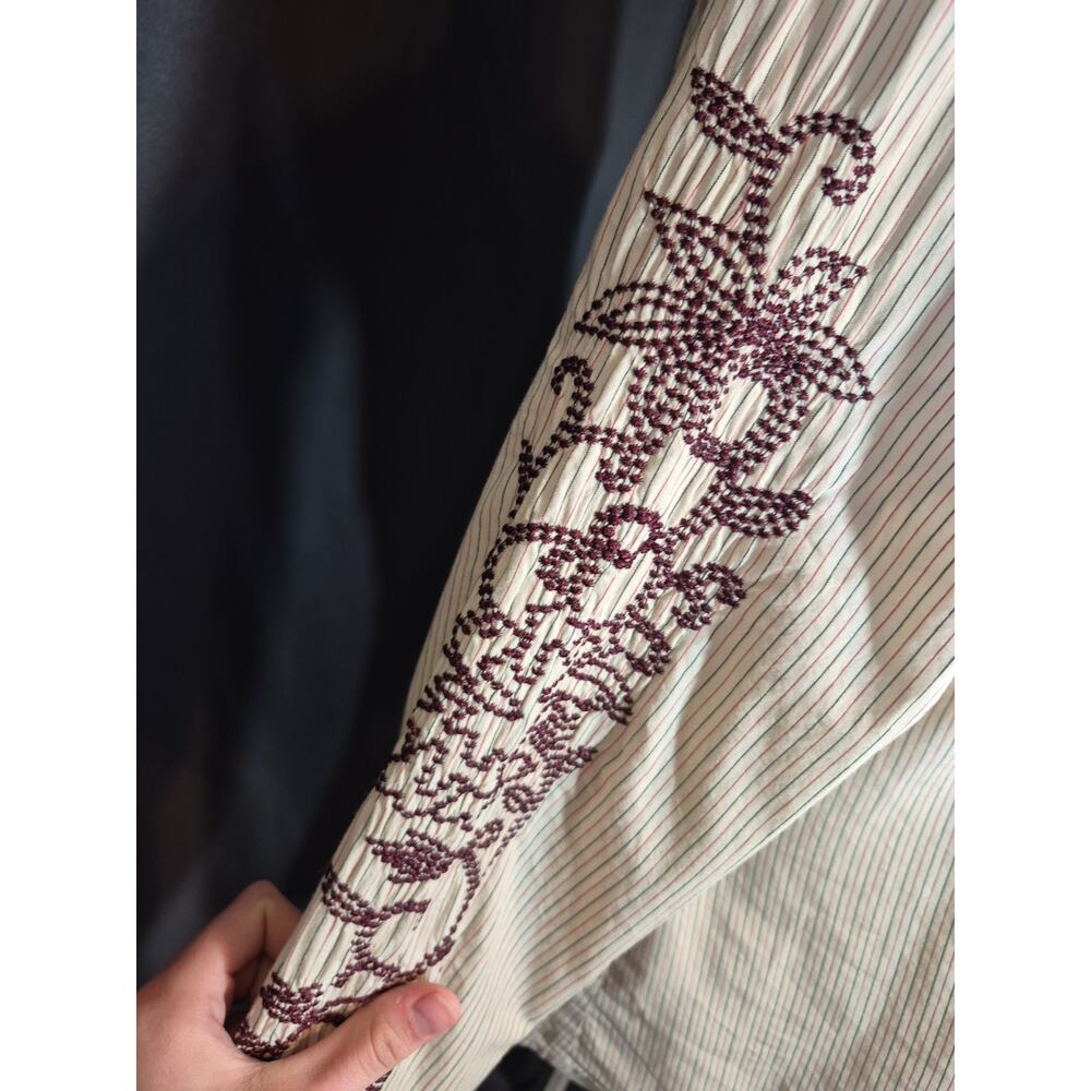 Johnny Was 3J Workshop Attico Rose Embroidery Pinstripe Shirt Cream Red Medium - Picture 8 of 14